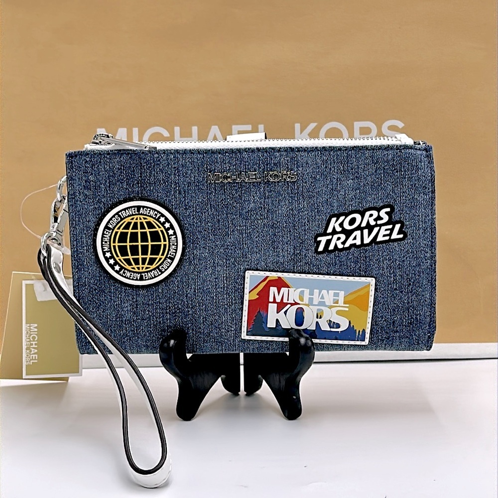 MICHAEL KORS Jet Set Travel Large Embellished Denim Wristlet COLOR DENIM - Picture 2 of 15